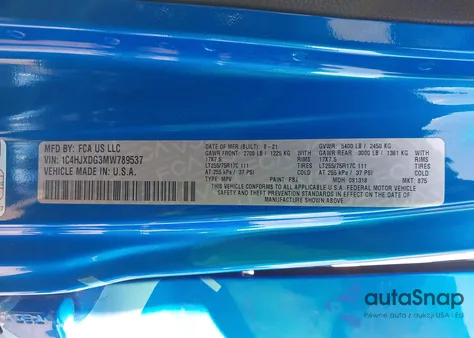 2021 Jeep Wrangler Unlimited Willys 4X4 z USA, uszkodzony, nr VIN 1C4HJXDG3MW789537